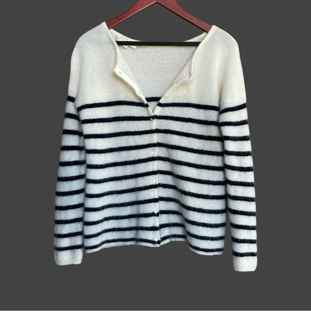 SEZANE Cream Navy Striped Mohair Alpaca Wool Reversible Gaspard Cardigan Sweater - Picture 3 of 17
